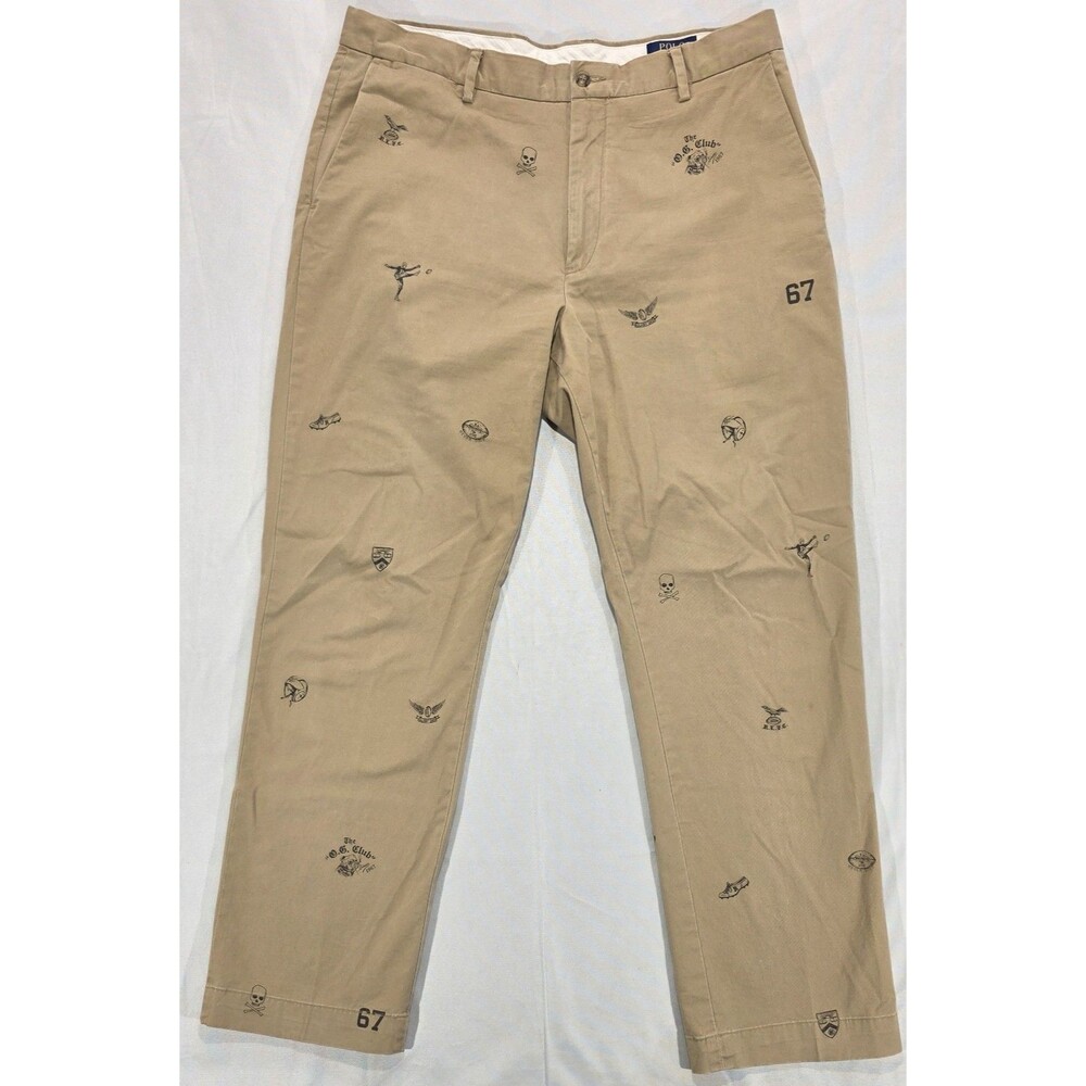 Polo Ralph Lauren OG Club Chino Pants 36x32 Rugby Football Print Skulls 67 Prep
